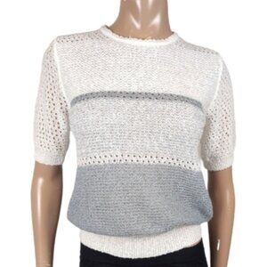 💠Vintage 90s Alia Open Knit Sweater Womens Size Medium White Gray Short Sleeve